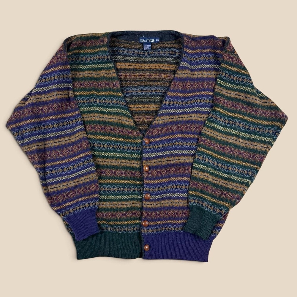 Vintage Nautica Fair Isle Color Block Cardigan Sweater Large Minor Wear